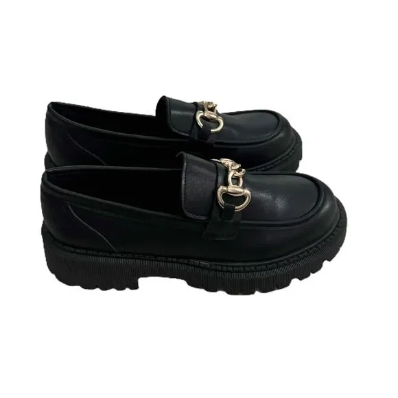 Lug Sole Loafers Black Gold Chain Embellished Chunky Sole Polished NWOT Size 40 - Picture 6 of 10
